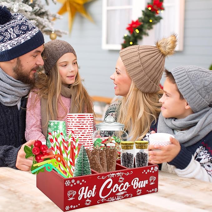 Christmas Hot Cocoa Bar Wood Coffee Station Organizer Countertop with 4 Compartment Decorative Christmas Cocoa Wood Storage Bin Vintage Open Holder Box for Home Kitchen Holiday Decor