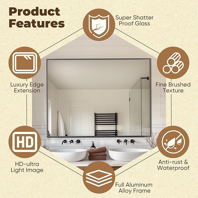 Antok 48x30 Black Metal Framed Bathroom Mirror, Wall Mirror with Rect Corners, Vanity Mirror for Over Sink, Anti-Rust Tempered Glass, Horizontal/Vertical Hanging for Bathroom, Living Room, Entryway