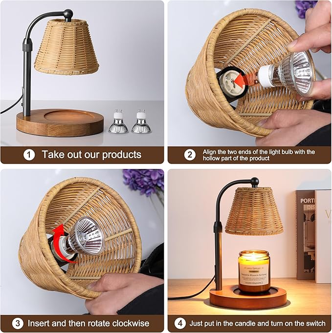 Candle Warmer Lamp with Timer Dimmer, Natural Weaving Boho Candle Lamp Birthday Gifts for Women, Mom, House Warming Gifts Wax Melt Warmer for Jar Candles with 2 Bulbs, Khaki