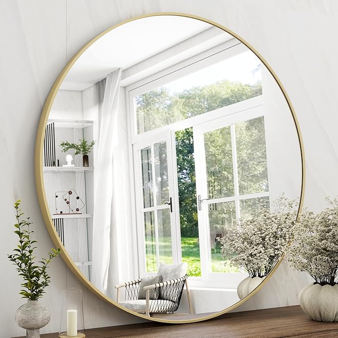 42 Inch Round Bathroom Mirror - Gold Wall Mounted Circle Mirror with Metal Frame, Modern Round Hanging Mirror Suitable for Bathroom, Vanity, Entryway, Living Room
