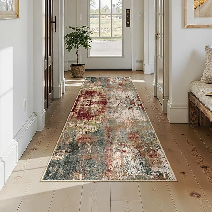 RELEANY Washable Area Rugs 2'6"x8 Non-Slip Modern Abstract Soft for Living Room Entryway Bedroom Nursery, Print Pattern, Brown Rust Red Green Blue Multi