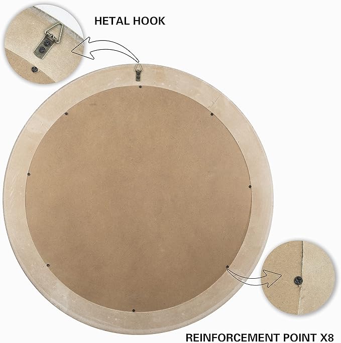 Reflinto 24 Inch Boho Wooden Round Mirrors for Wall Decor, Rustic Farmhouse Decorative Circle Mirror for Bathroom Over Sink, Living Room, Entryway, Bedroom