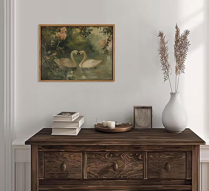 Framed Vintage Canvas Swan wall art Sage Green Print Antique Couple Swan Oil Painting Elegant Animal Pictures Wall Decor Farmhouse Aesthetic Wall Decor for Living Room Bedroom Farmhouse Home