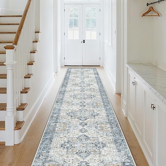 GENIMO Runner Rug 2'6''x8, Non Slip Vintage Hallway Runner Rugs, Low Pile Lightweight Machine Washable Mat for Hallway, Entryway, Bedroom, Kitchen and Corridor, Blue