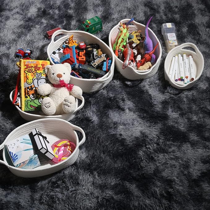 VOOWO Set of 5 Rectangular Cotton Rope Baskets for Storage, Organizing, Decorating, Off White