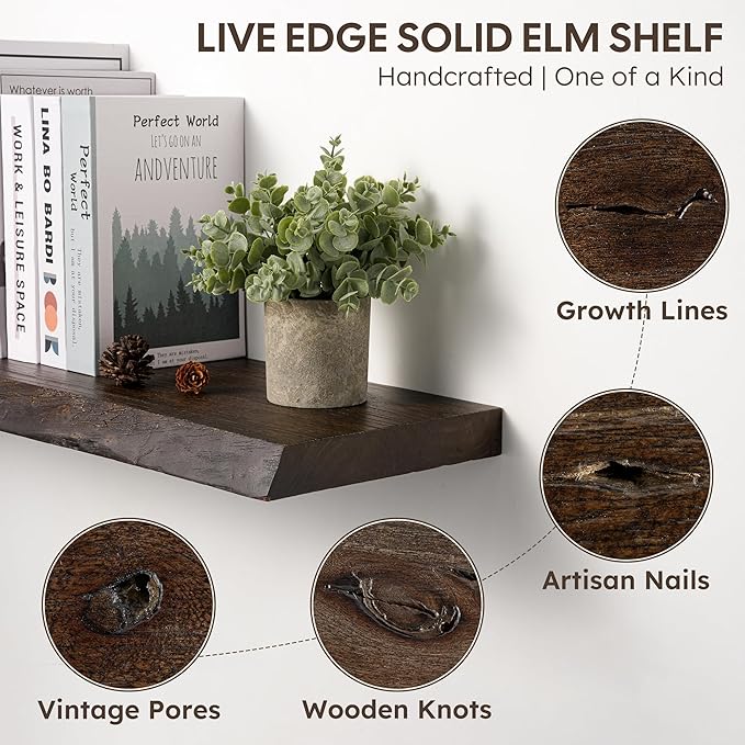 48" Rustic Elm Floating Shelves - Solid Wood Live Edge with Invisible Brackets, Wall Mounted Shelf for Living Room, Kitchen & Bathroom Decor, Brown
