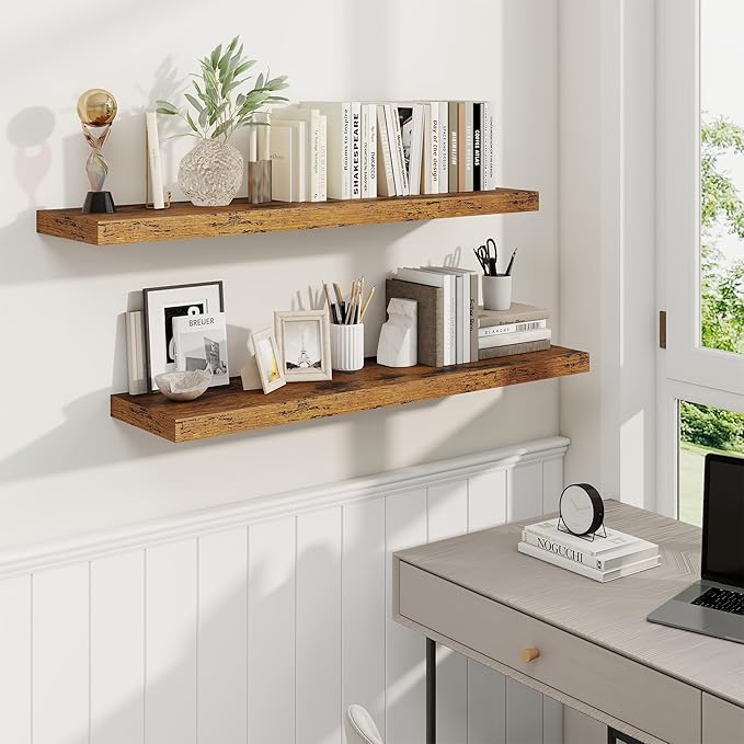 Fun Memories 40 Inch Brown Floating Shelves, 9.3 Inch Deep Wall Shelves for Living Room|Bedroom|Kitchen, Rusitc Wall Mounted Bathroom Shelves 2 Pack, Heavy-Duty Deep Shelf for Books,Decor