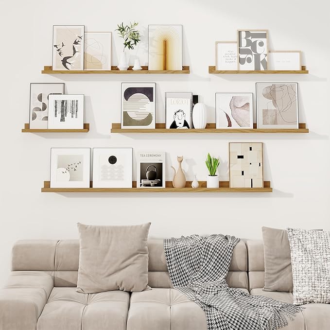 RICHFOCUS Picture Ledge Shelf, 48 inch Floating Shelves Set of 2, Wood Wall Shelves with Lip, Wall Decor Storage for Bedroom Living Room Bathroom Kitchen Nursery Photo Picture, Oak