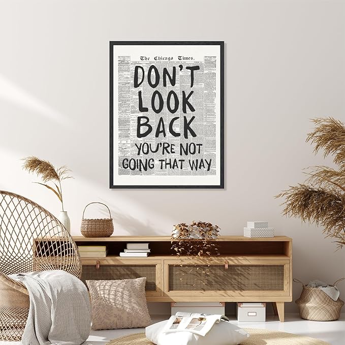 Licpach Retro Black White Newspaper Wall Art Don’t Look Back You’re Not Going That Way Motivational Poster Positive Canvas Print Aesthetic for Office Bedroom Inspirational Decor 16x24inch Black Frame
