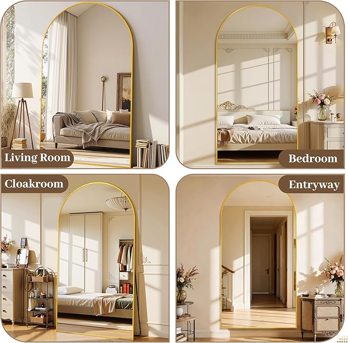 Suidia 82"x44" Arched Full Length Mirror with Stand, Full Body Mirror with Aluminum Frame, Freestanding/Leaning/Wall-Mounted, Floor Mirrors for Bedroom, Living Room, Entryway, Dressing Room, Gold