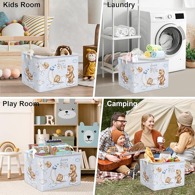 Clastyle Sleeping Bear Balloons Boy Shelf Basket Clouds Stars Moon Baby Shower Basket for Kids Room Blue Rectangle Clothes Toys Cube Storage Basket