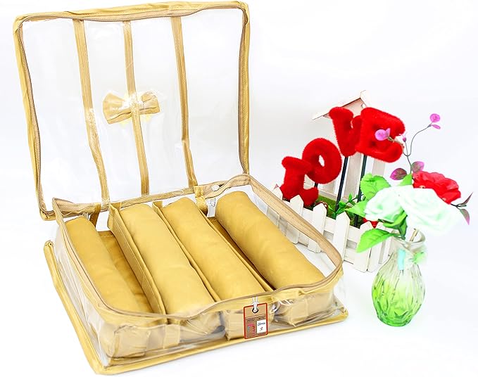 atorakushonSatin Fabric 4 Rod Bangle Box Organizer for Women Girls Jewellery Pouch Storage Bag Makeup Travel Wardrobe Wedding Set for Bride Golden