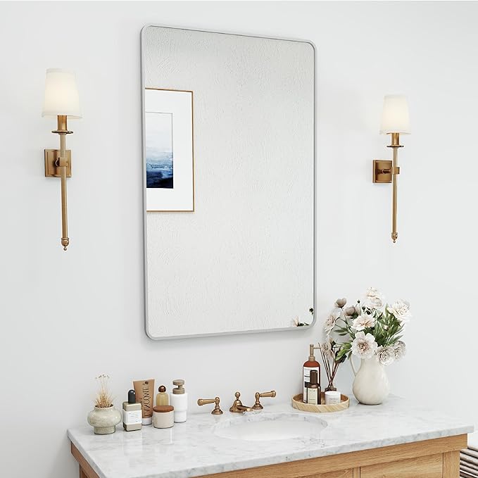 SCWF-GZ 24x36 Mirror Vanity Bathroom Wall Mounted Aluminum Alloy Metal Frame Dressing Round Rectangle Mirrors for Entryway Bedroom Living Room Horizontally or Vertically 36x24 inch Silver