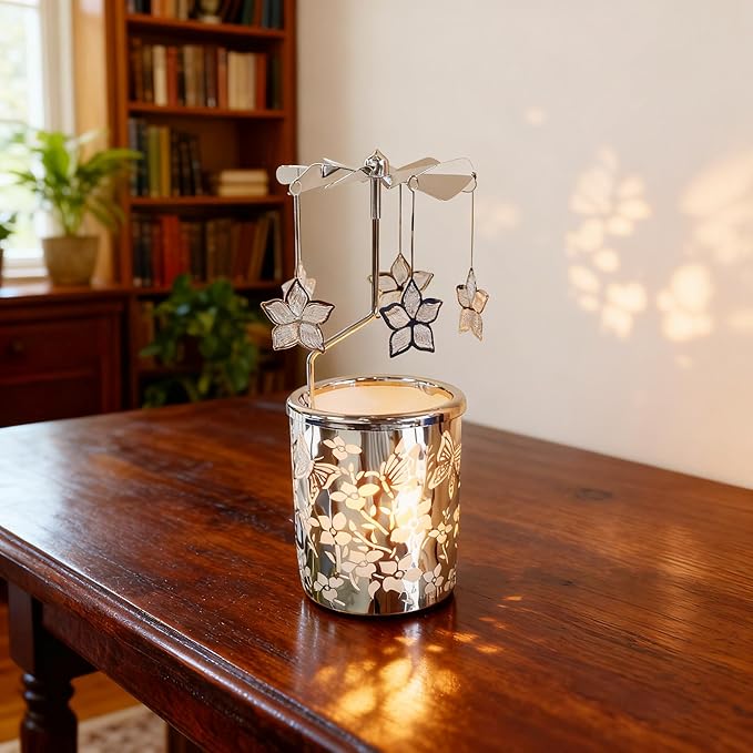 Metal Rotary Candle Holder Spinning Windmill Tea Light Carousel Decor for Home & Gifts (Silver Bauhinia Flower)