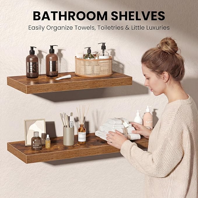 Fun Memories Floating Shelves - 2 Pack 30 Inch Long Rustic Wooden Wall Shelves - 12 Inch Deep Wall Mounted Storage Shelf with Invisible Heavy-Duty Brackets for Books, Bathroom, Kitchen, Brown