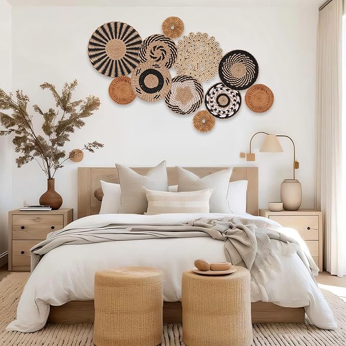 Boho Wall Basket Decor Set of 11 - Hanging Woven Bulrush Basket Wall Decor, Handcrafted Round Flat Baskets Wall Art, for Rustic Farmhouse、Home - Unique Rattan Wicker Wall Decor(Black Retro)