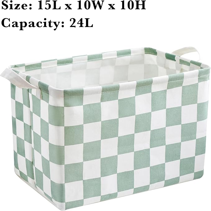 Ohocut Sage Green Checkered Canvas Basket, Rectangular Organizing Decorative Storage Basket for Kids, Dog Toy, Cute Aesthetic Checkered Room Decor for Home, Kitchen, Bedroom, Classroom, Shelves