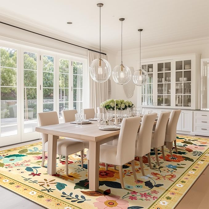 RELEANY Floral Nursery 8x10 Area Rugs Washable Print Boho Cute Carpet Non Slip Flower Low Pile for Living Room Kids Girls Playroom Bedroom Kitchen Office Farmhouse-Ivory/Yellow