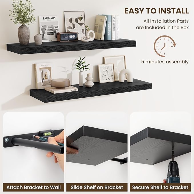 Fun Memories Floating Shelves for Wall, 32 Inch Long Floating Shelves Set of 2, 32 x 10 Wooden Shelves for Wall, Large Storage Shelves, Hanging Shelves for Bathroom Kitchen Bedroom, Black