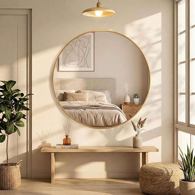 OLIXIS Gold Round Wall Mirror 30 Inch, Round Mirrors for Wall Decor, Circle Mirror for Bathroom, Entryway, Bedroom, Vanity