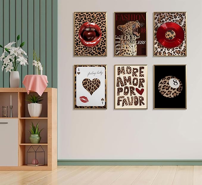 6pcs Fashion Leopard Wall Art Prints Leopard Lucky 8 Ball Poster Ace of Hearts, Spades Poker Canvas Prints Vintage Preppy Room Aesthetic Cheetah Wall Decor for Teen Girls Bedroom Dorm Apartment Living Room Decor Unframed