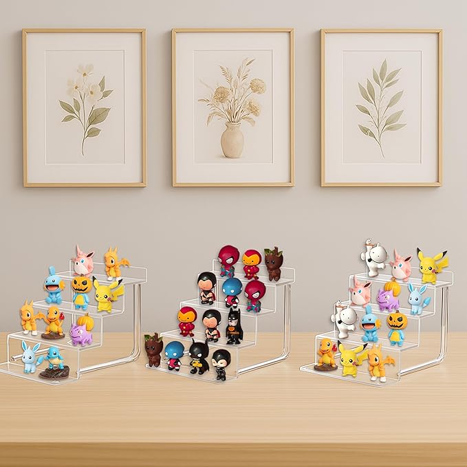 AMT Acrylic Riser Display Stand, 100% Acrylic Clear 4-Tier Organizer for Figures, Cupcake, Perfume, Sunglasses (9 inch x 2.75 inch) 3-pack