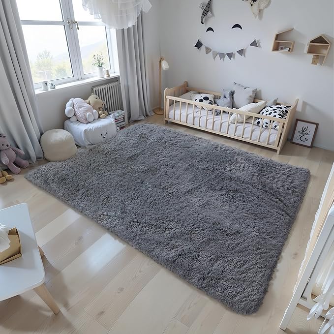 KICHOWUA 6x9 Grey Fluffy Shag Rug for Bedroom Soft Plush Fuzzy Washable Carpet for Living Room, Modern Comfy Shaggy Non Slip Floor Large Area Rugs for Kids Baby Nursery College Dorm Room, Gray