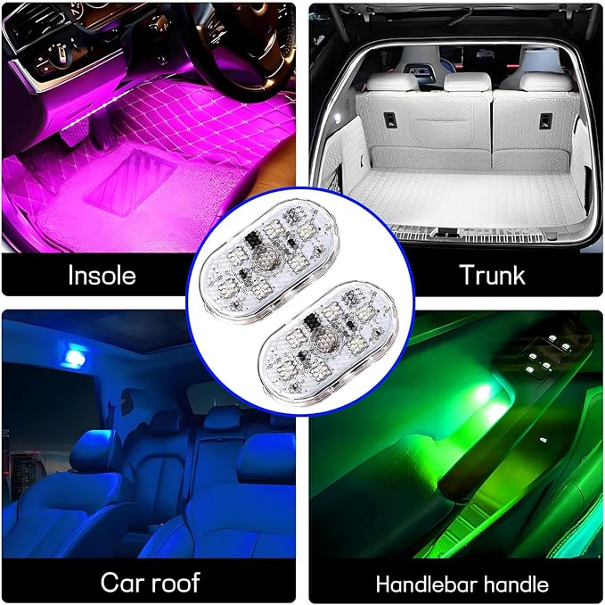 4 PCS Car LED Lights Interior Wireless, Super Bright 7 Colors Auto Interior Ambient Light with 6 Bright LED Lamp Beads, Portable USB Rechargeable Car Led Night Light for Vehicle Decor