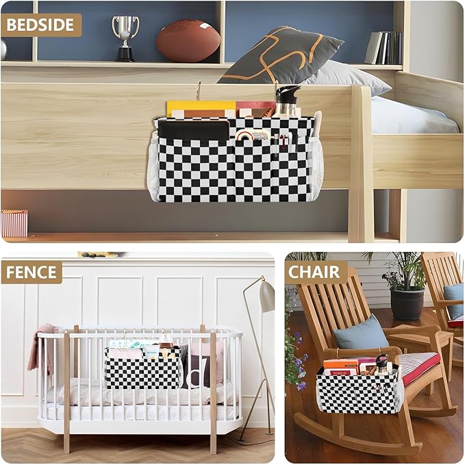 Black White Checkerboard Print Bedside Caddy Storage Bag Bedside Organizer for Bunk Bed Headboards College Organizer Caddy Hanging Shelf 6 Pockets with Hooks for Drinks Magazine Phone Holder