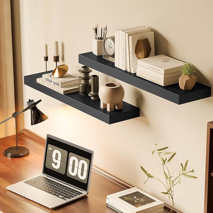 BAMEOS Bamboo Floating Shelves Wall Mounted Wooden Shelves with Invisible Brackets Set of 2, Hanging Wall Decor for Bedroom, Bathroom, Living Room and Kitchen