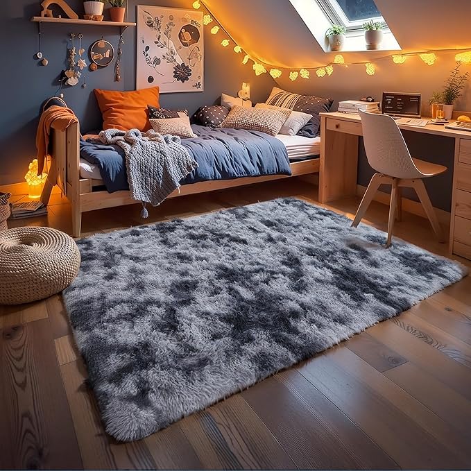 KICHOWUA 6x9 Dark Grey Fluffy Shag Rug for Bedroom Living Room, Ultra Soft Plush Fuzzy Washable Non Slip Floor Cozy Carpet, Modern Comfy Shaggy Large Area Rug for Kids Baby Nursery Dorm, Tie-Dye Gray