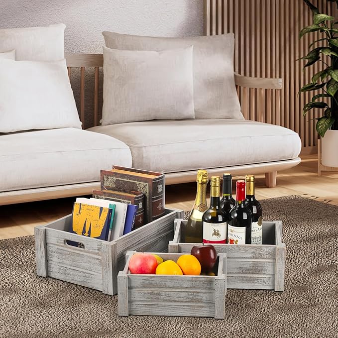 Hacaroa 3 Pack Wood Crates with Handles, Rustic Nesting Storage Container Box Decorative Wooden Basket Bins for Fruit, Vegetable, Home, Laundry, Farmhouse, 3 Sizes