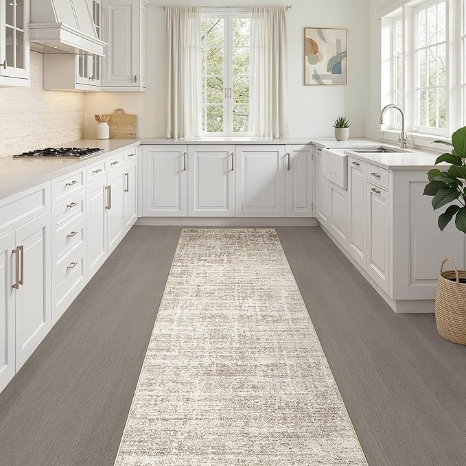 Runner Rug Non-Slip Kitchen Rug: 3x10 Washable Abstract Modern Soft Stain Resistant Indoor Floor Neutral Accent Throw Carpet for Hallway Bathroom Laundry Room Bedroom Entryway- Brown