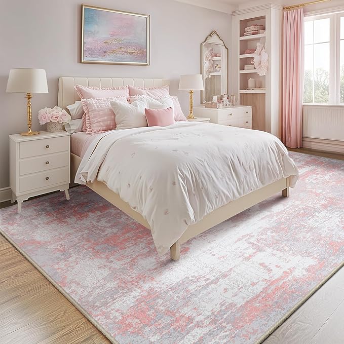 RELEANY Washable Area Rugs 4'x5' Non-Slip Modern Abstract Soft for Living Room Entryway Bedroom Nursery, Print Pattern, Grey Pink