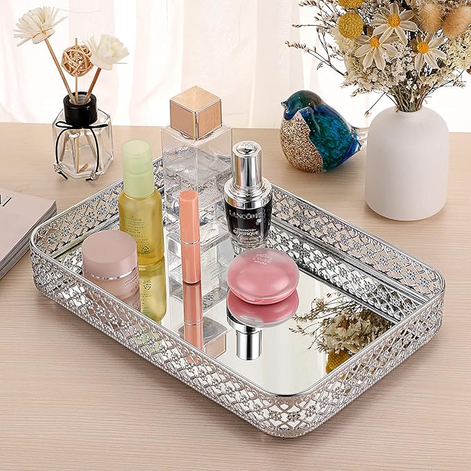 ELLDOO Perfume Mirror Tray Vanity Makeup Hollow-Carved Jewelry Organizer Glass Metal Trinket Storage Tray Home Decor Organizer for Dresser Bathroom Countertop,Silver,Medium Size