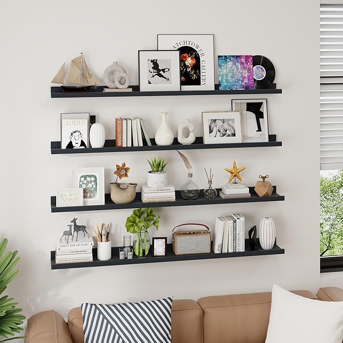 Axeman Picture Ledge Shelf | 48 Inch Black Floating Shelves Set of 4 | Rustic Wood Wall Shelves with Lip | 48" Black Picture Shelves for Wall with Ledge | Photo Shelves