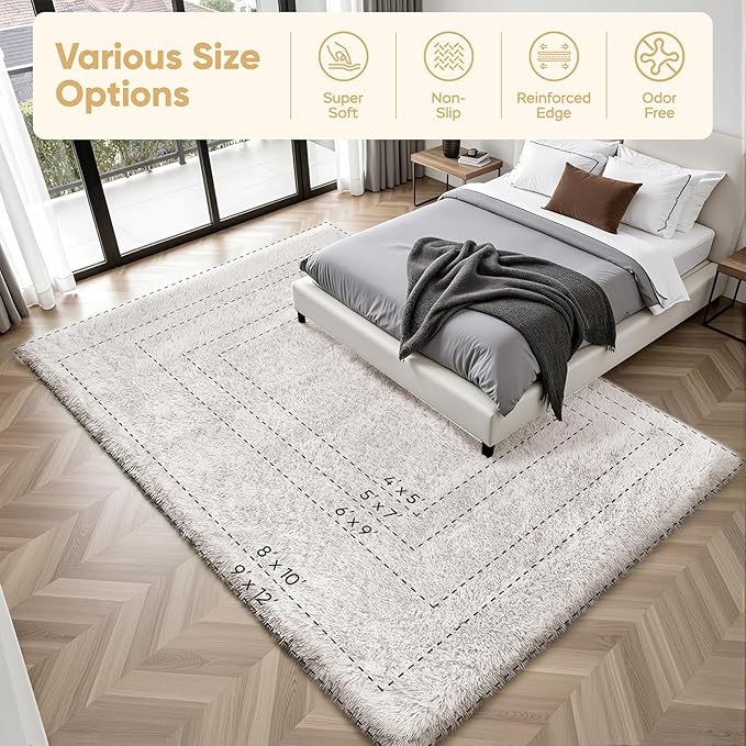 Area Rug for Living Room Bedroom: 9x12 White Soft Fluffy Shag Upgrade Non-Slip High Pile Carpet Large Fuzzy Plush Indoor Floor Decor Shaggy Rug for Kid Boys Girls Dorms Playroom Nursery Modern Home