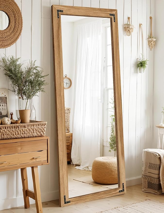 TRAHOME Full Length Mirror with Wooden Frame, 65"X24" Solid Wood Standing Floor Mirror for Farmhouse, Bathroom, Bedroom, Hanging or Leaning Wall-Mounted