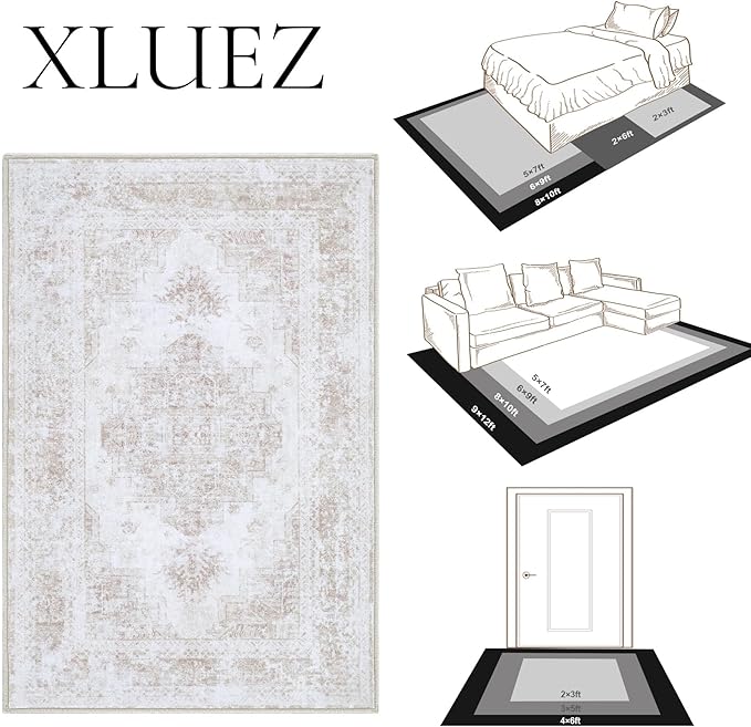 XLUEZ Bedroom Rug 3x5 Vintage Rugs, Machine Washable Small Area Rug Retro Medallion Distressed Rugs Non-Slip Soft Low Pile Throw Rug for Entryway Bedroom Bathroom Hallway Kitchen(Beige,3'x5')