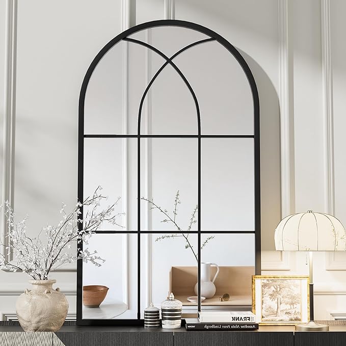 Rowjut Arched Wall Mirror 42" x 24" Window & Wall Decorative Mirror, Iron Framed Window Pane Mirrors, Arched Top Wall Mirror for Entryway Living Room, Bedroom, Fireplace (Black)