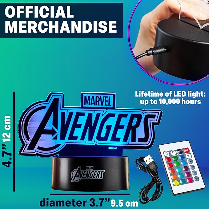Get Trend Marvel Avengers 3D Illusion Night Light for Kids, 16 Colors, 4 Lighting Modes, Dimmable, Dual Powered LED Desk Lamp with Remote Control, Bedroom Decor, Gifts for Boys, Girls (Multi Avengers)