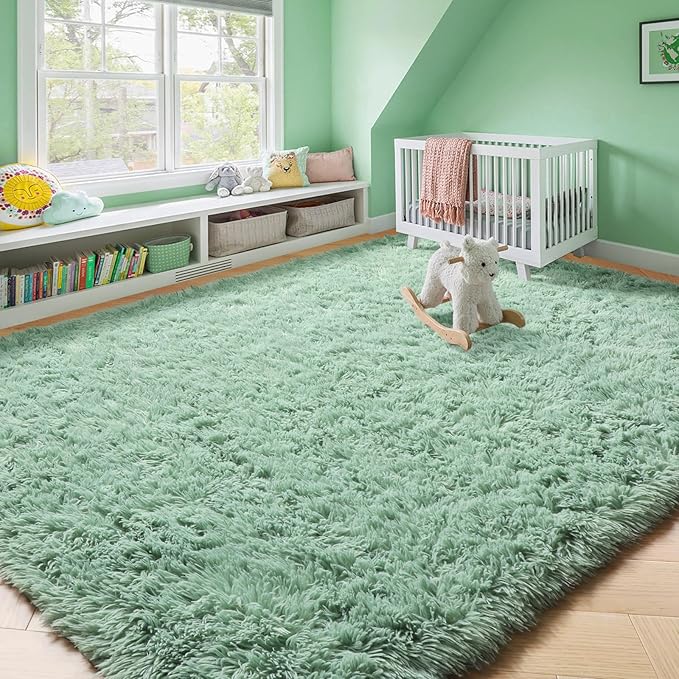 Amdrebio Sage Green Area Rugs for Living Room Bedroom Aesthetic, Fluffy Furry Rug 6x9 for Nursery, Teen Boys, Baby Kids Room Decor, Cute Shaggy Carpet for Playroom Dorm, Fuzzy Plush Light Mint Rug