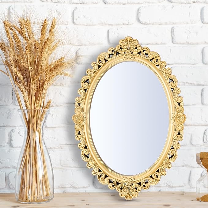 Beeveer 1 Style Vintage Mirrors Set Decorative Oval Wall Mirror Small Antique Mirrored Tray Decorative Hanging Mirror for Bathroom Bedroom Jewelry Organizer Victorian Decor (Oval,Gold)