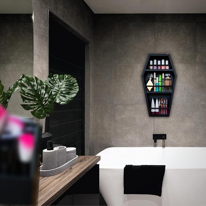 EpicGifts Goth Makeup Shelf - 3 Shelf Standing or Floating Wall Coffin, Makeup Brush Holder (Black)
