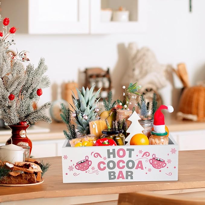 YLOLUL Hot Cocoa Bar Wood Storage Box Christmas Storage Bins Hot Chocolate Bar Supplies Organize 3D Open Holder Box Wooden Organizer Bins Tabletop Organizer for Xmas Gift Party Home Kitchen Office