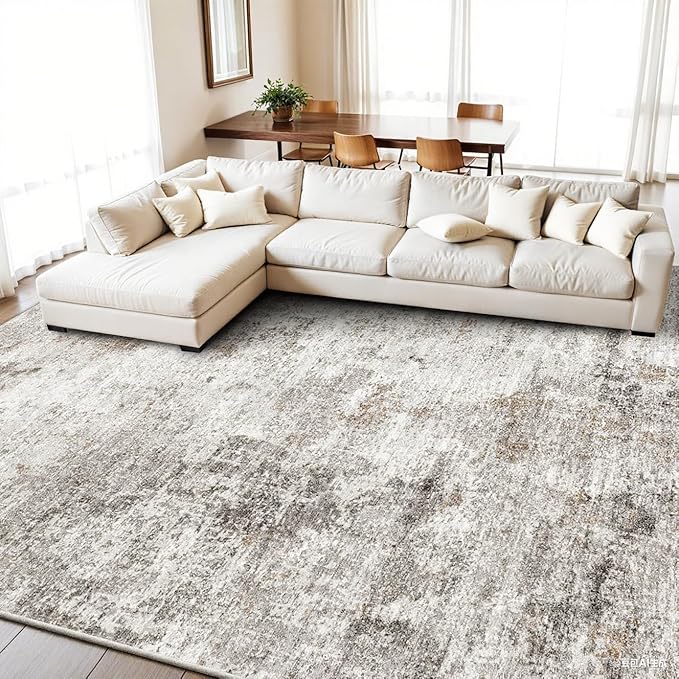 9x12 Washable Living Room Rugs - Modern Abstract Neutral Soft Large Area Rugs for Bedroom Non-Slip Low Pile Thin Stain-Resistant Carpet for Dining Room Home Office (Beige Grey)
