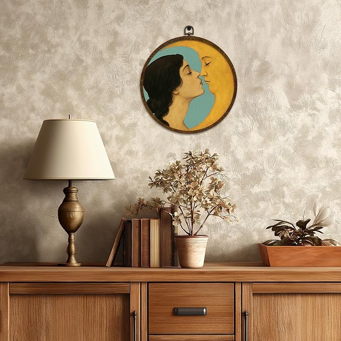 Retro Celestial Decor,Romantic Moon and Young Girl Round Wall Art,Vintage-Inspired Celestial Canvas Print, Surreal Moon and Woman Hanging Decor for Bedroom, Gallery Wall, or Dreamy Space 10''x10''(Green)