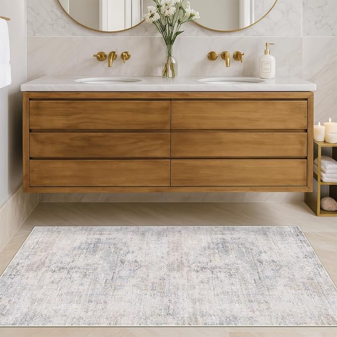 Hazo Haus Light Blue 2x5 Bathroom Runner Rug, Non-Slip Washable Runner for Kitchen, Laundry Room & Hallway, Abstract Design with Tan Accents, Eclectic Décor