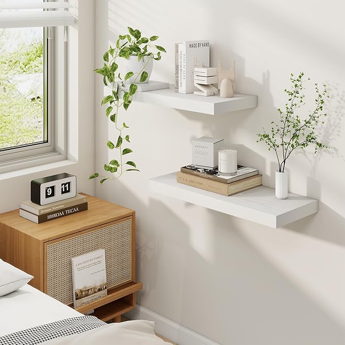 Fun Memories 24 Inch Floating Shelves, 9.3 Inch Deep Rustic Wall Shelves - Extra Deeper Wall Mounted Storage Shelves for Bathroom, Kitchen, Living Room (White, Set of 2)