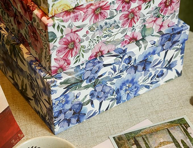 3-Piece Decorative Storage Boxes with Lids, Watercolor Floral Design Inspired by Garden Blooms, Cardboard Keepsake Box Set, Photo & Memory Storage for Home Decor and Modern Organization